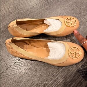Tory Burch Reva Beige Ballet Flats with Gold Logo